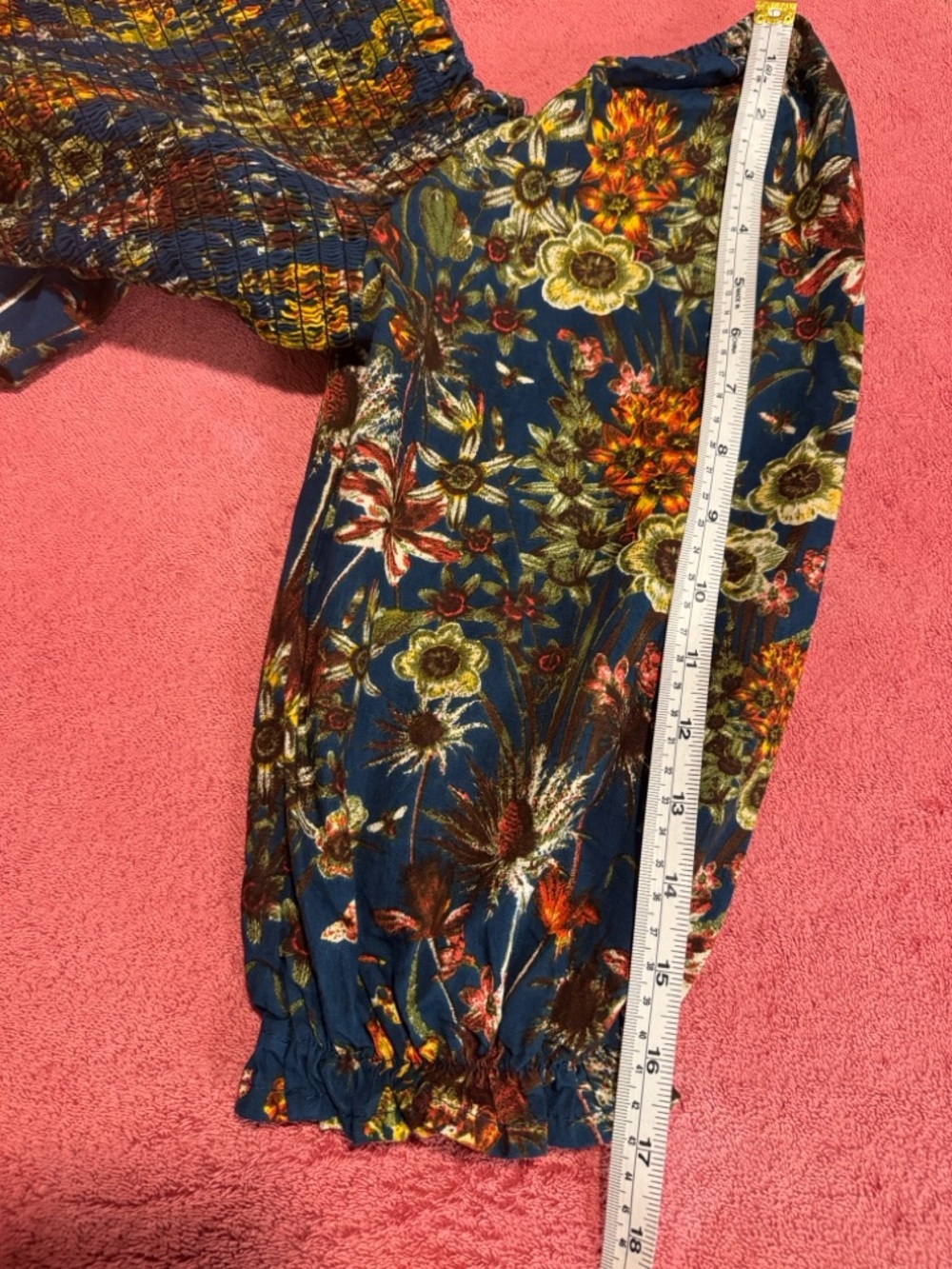 Girls Blue Floral Smocked Puff-Sleeve Dress - Picture 6 of 9